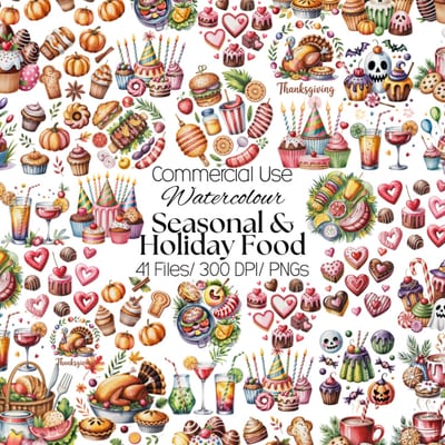 41 Seasonal & Holiday Food Clipart, Watercolor Thanksgiving Halloween Christmas