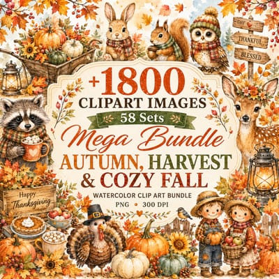Fall Clipart Mega Bundle | 1800+ Watercolor PNG Images | Autumn Classroom Graphics
