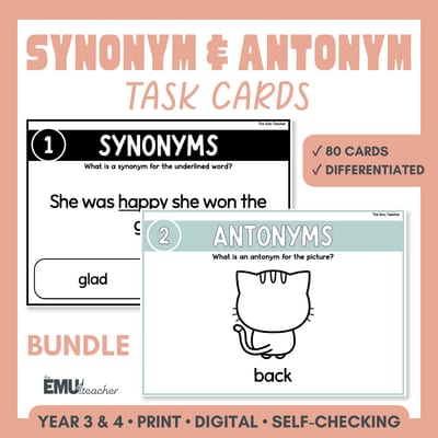 Synonym & Antonym Activity Task Cards Bundle Improve Grammar & Vocabulary