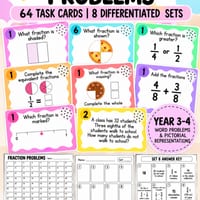 Fractions Task Cards Years 3–4 | 64 Differentiated Maths Problems | Australian - thumbnail 1 of 5