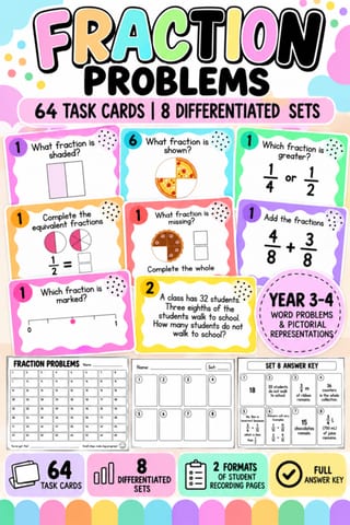 Fractions Task Cards Years 3–4 | 64 Differentiated Maths Problems | Australian - image 1 of 5