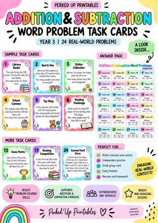 Addition & Subtraction Word Problems Bundle | Years 3–5 | Task Cards & Worksheet - image 2 of 7