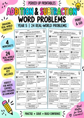 Addition & Subtraction Word Problems Bundle | Years 3–5 | Task Cards & Worksheet - image 5 of 7