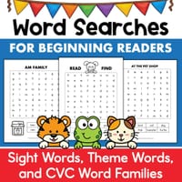 Word Searches for Beginning Readers Sight Words CVC Word Families Theme Words - thumbnail 1 of 4