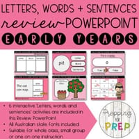 LETTERS/ WORDS/ SENTENCES REVIEW POWERPOINT- 6 ACTIVITIES INCLUDED