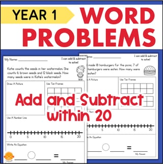 Year 1 Word Problems Maths Worksheets Addition & Subtraction to 20 - image 1 of 4