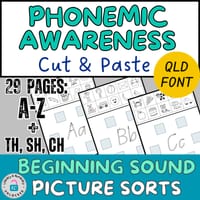 Phonemic Awareness and Phonics Beginning Sound Worksheets: Picture Sort Activity in Queensland Font - thumbnail 1 of 4