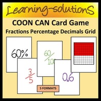 Card Game - COON CAN - Fractions, Decimals, Percentage, Hundreds Grid - 18 FRACTIONS/5 FORMATS