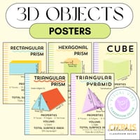 3D Objects Posters | Properties, Volume & Surface Area | Math Classroom Decor