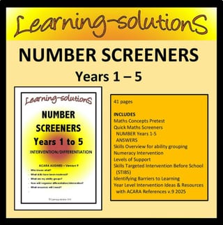 NUMBER SCREENERS - MATHEMATICS V.9 - Years 1 to 5 - Differentiation & Intervention Made Easy - image 1 of 1