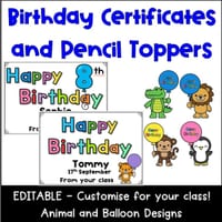 Birthday Certificates & Pencil Toppers – Editable Animal & Balloon Theme! Created by - thumbnail 1 of 4