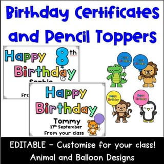 Birthday Certificates & Pencil Toppers – Editable Animal & Balloon Theme! Created by - image 1 of 4