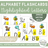 Alphabet Flash Cards - Australian Print & Pre-Cursive Fonts Highlighted Letters + Pictures - thumbnail 1 of 4