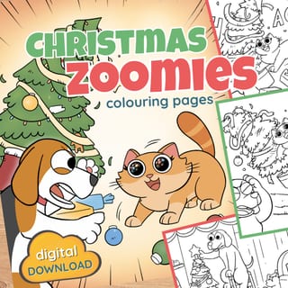 Christmas Zoomies Colouring Set, Fun Kids Comic, Cat and Dog Colouring Pages - image 1 of 8