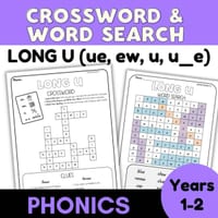 Long U Digraph Worksheets | Crossword & Word Search | Team Vowels ue, ew, u, u_e