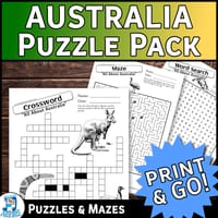 Australia Puzzle Activities Pack | Word Searches, Crosswords, Cryptograms, Mazes