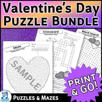 Valentine's Day Fun Puzzle Bundle | Word Searches, Mazes & more! Gr. 2-5 No Prep - thumbnail 1 of 4