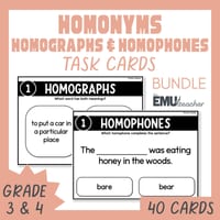 Homonym Task Card Bundle Homographs & Homophones Improve Grammar & Vocabulary - thumbnail 1 of 8