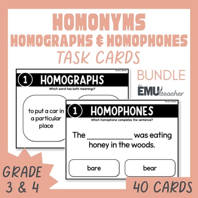 Homonym Task Card Bundle Homographs & Homophones Improve Grammar & Vocabulary