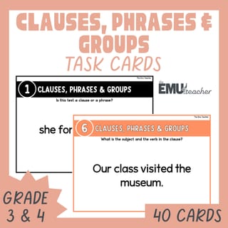 Clauses Phrases & Groups Task Cards Independent Dependent Adverbial Adjectival Prepositional - image 1 of 8