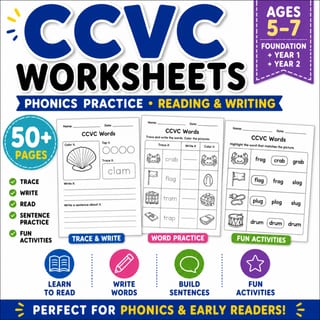 CCVC Worksheets | Phonics Practice Year 1–2 workbook | Reading & Writing Activities - image 1 of 6