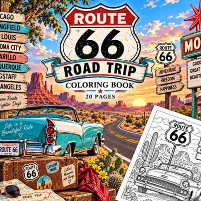 Route 66 Road Trip Coloring Pages | 20-Page Printable Activity