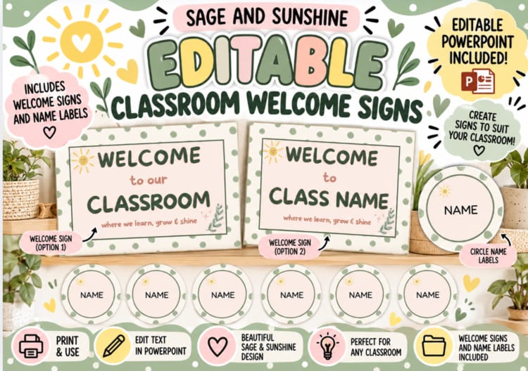 Visual Labels Classroom Editable Sage & Sunshine Editable Classroom Welcome Signs | Name Labels ...