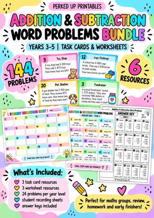 Addition & Subtraction Word Problems Bundle | Years 3–5 | Task Cards ...