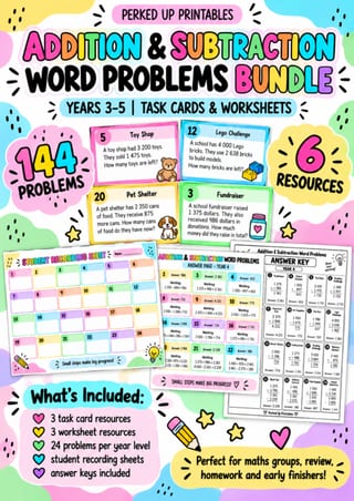 Addition & Subtraction Word Problems Bundle | Years 3–5 | Task Cards & Worksheet - image 1 of 7