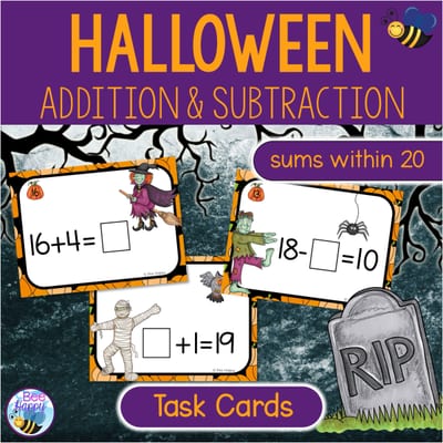 Halloween Addition and Subtraction Within 20 Task Cards | Year 1 & 2 Maths