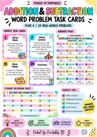 Addition & Subtraction Word Problems Bundle | Years 3–5 | Task Cards & Worksheet - image 4 of 7