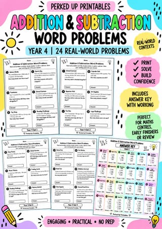Addition & Subtraction Word Problems Bundle | Years 3–5 | Task Cards & Worksheet - image 7 of 7