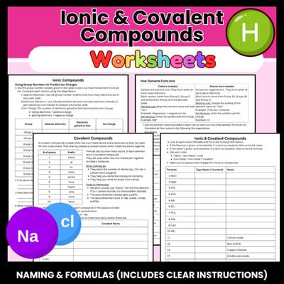 Naming Ionic & covalent formulas & writing compound formulas worksheets